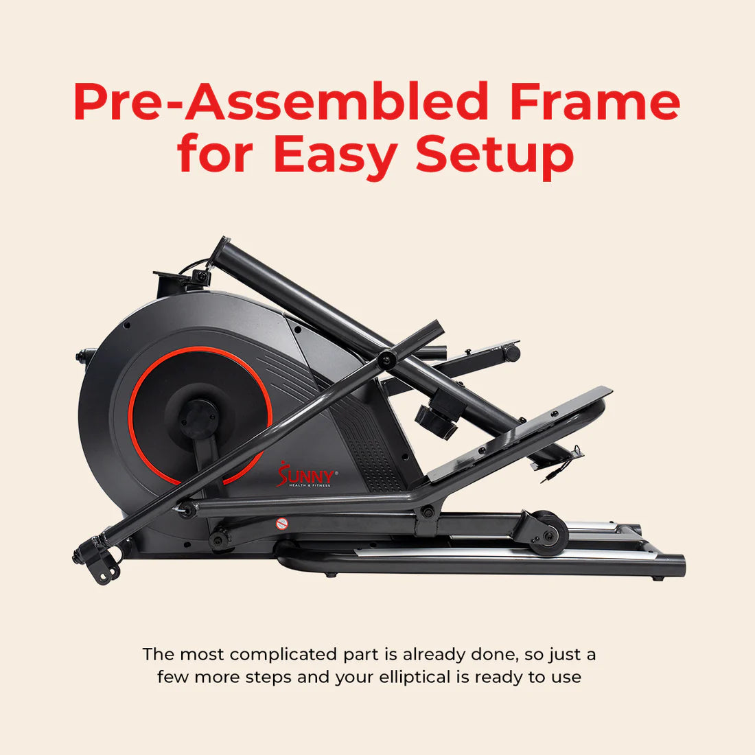 Elliptical machine with text about pre-assembled frame on a beige background