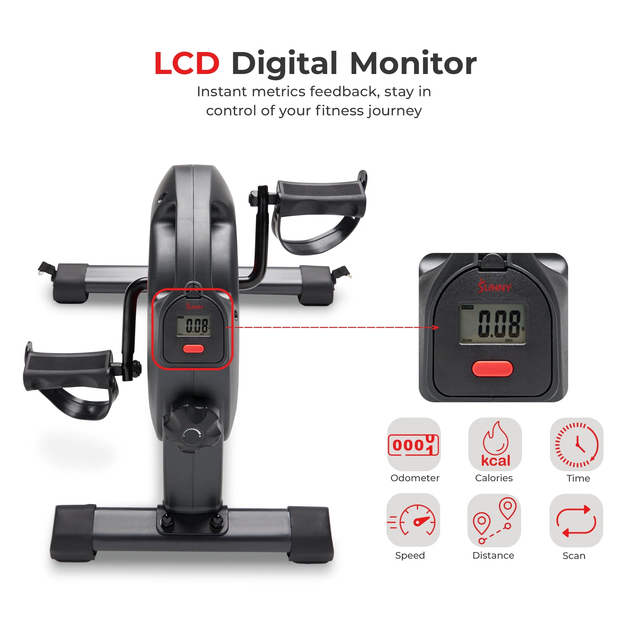 Exercise bike with LCD digital monitor displaying fitness metrics on a white background
