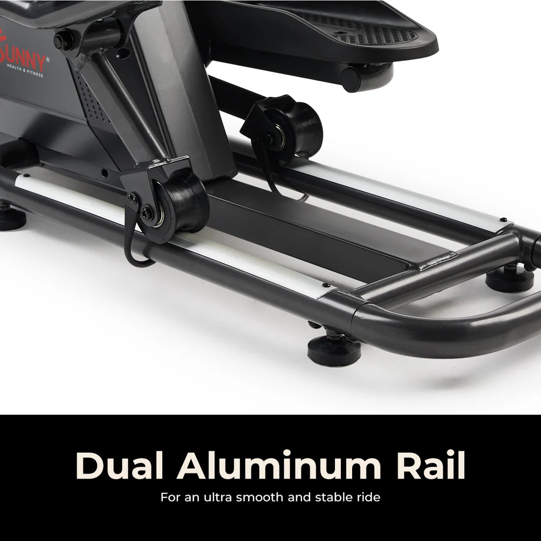 Close-up of a rowing machine with dual aluminum rail feature on a white background
