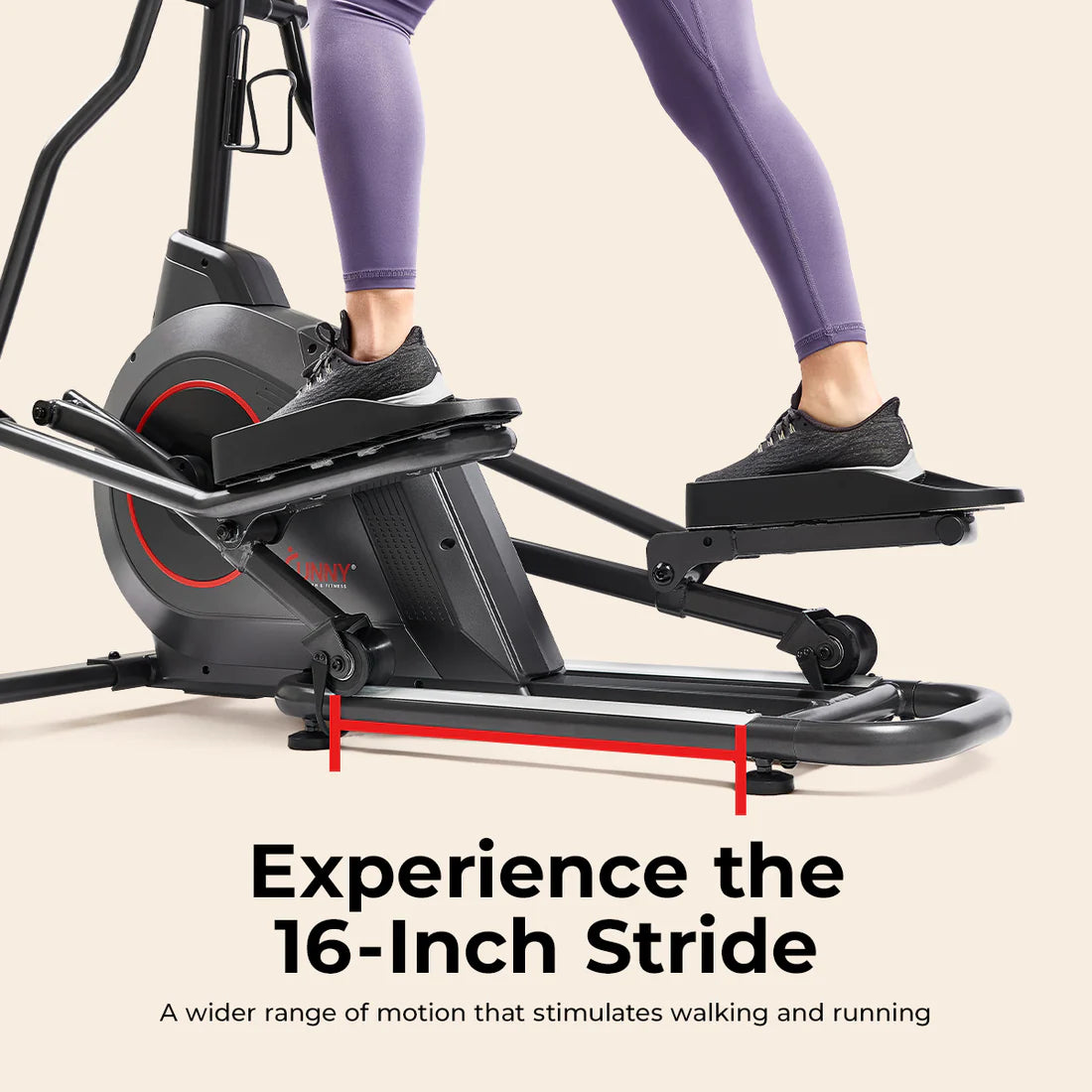 Person using an elliptical machine with text highlighting a 16-inch stride.