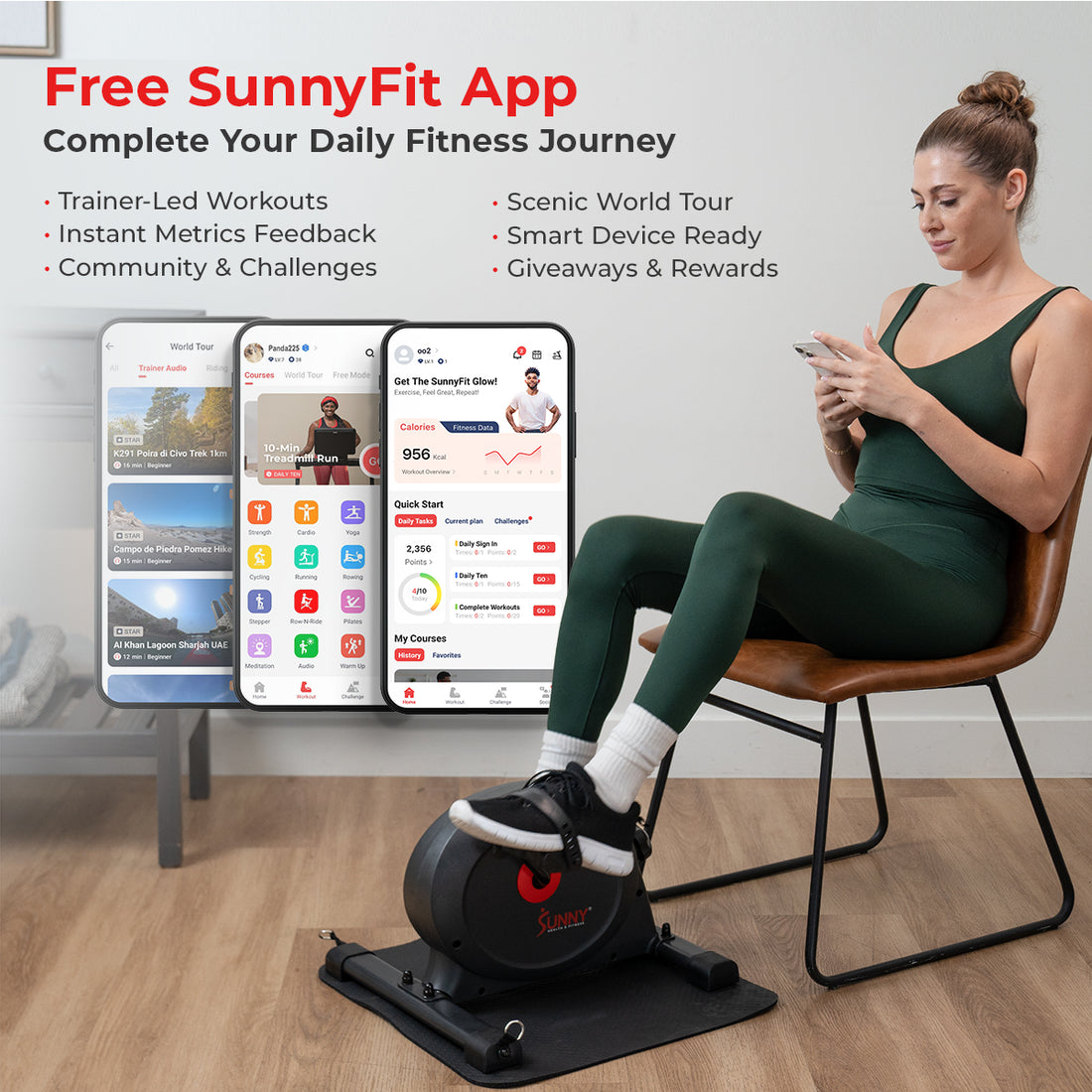 Woman using a SunnyFit app on her phone with exercise equipment in the foreground