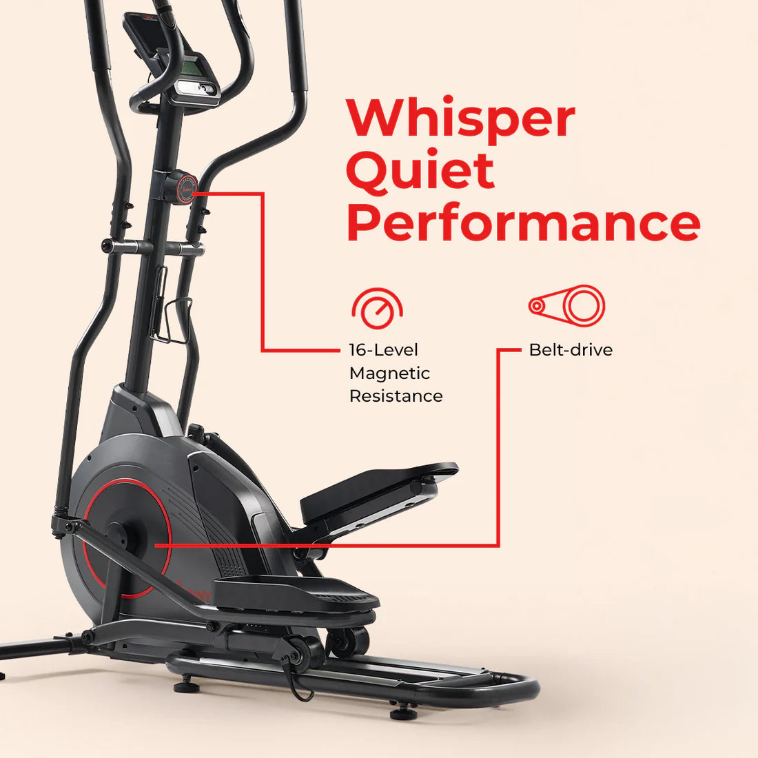 Elliptical trainer with features highlighted on a beige background