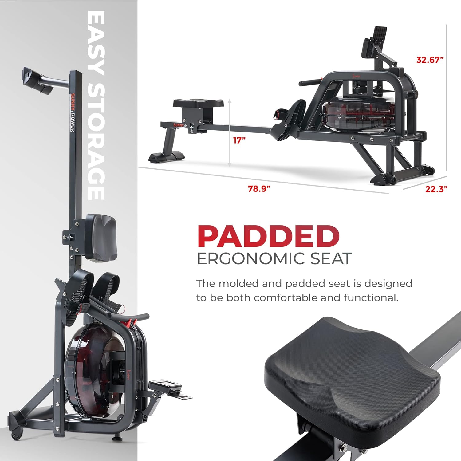 Sunny Health & Fitness Obsidian Surge Smart Water Rowing Machine with Dynamic Real-Time Resistance
