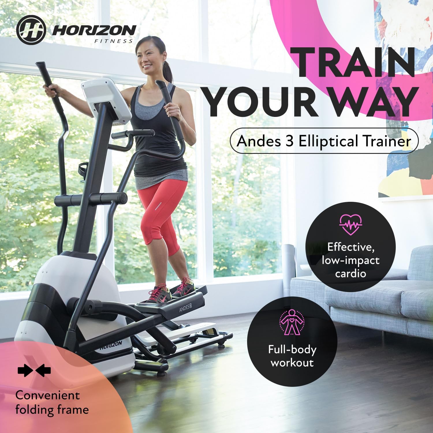 Horizon Fitness Andes 3 Elliptical Trainer Home Cross Trainer - 16 Resistance Levels, 5.5 LCD Screen, SixStar Folding Frame