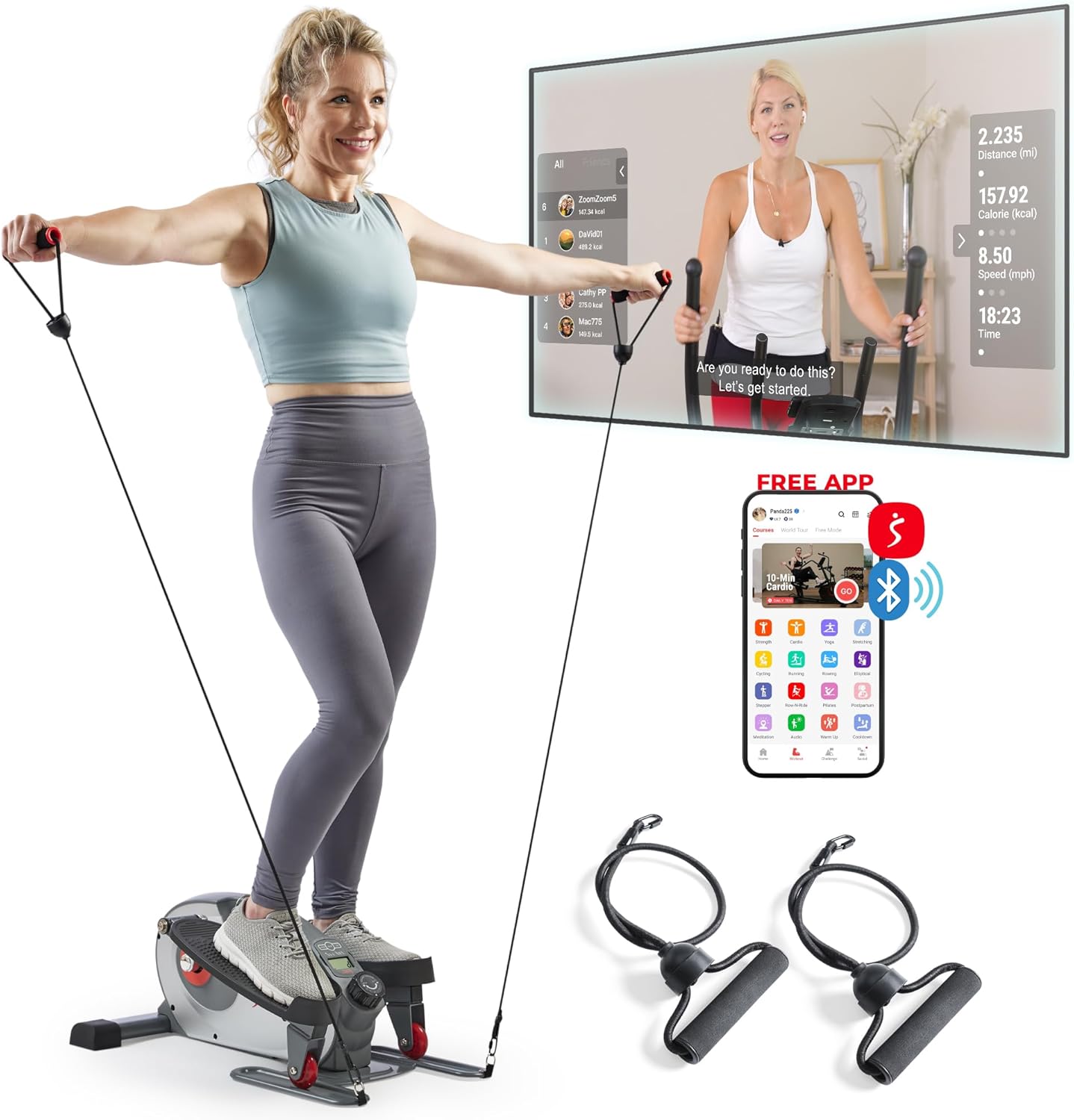 Sunny Health & Fitness Smart Mini Elliptical w/Resistance Bands
