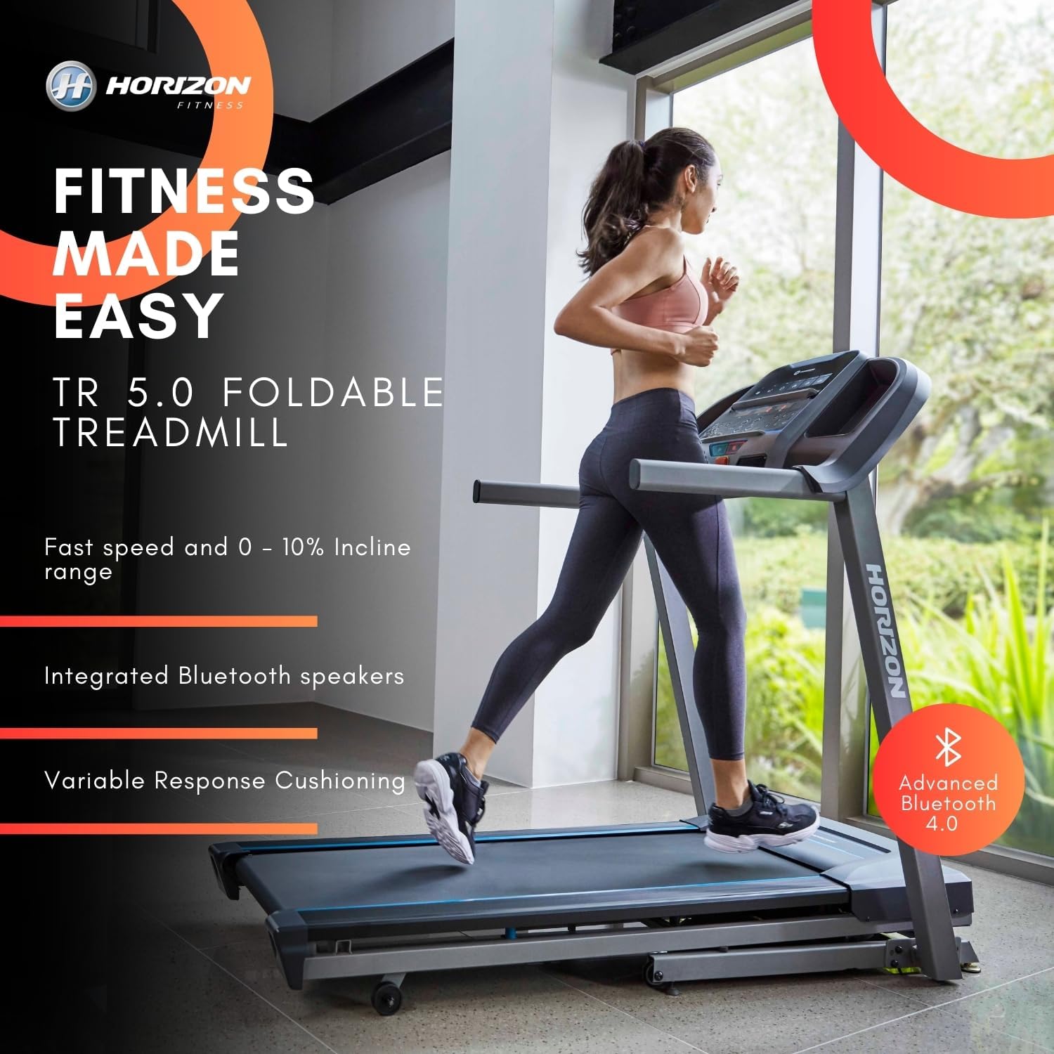 Horizon Fitness TR5.0 @Zone Folding Treadmill - 2HP Motor, 0.8km/h-16km/h Speed Range, 3-Zone Variable Response Cushioning, Digital Running Machine