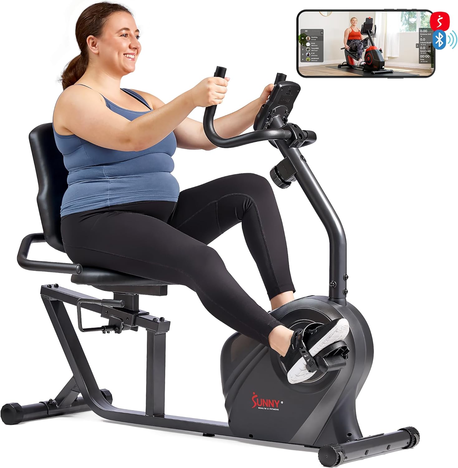Sunny Health & Fitness Smart Heavy-Duty Recumbent Bike w/Wide Cushioned Seat & Back