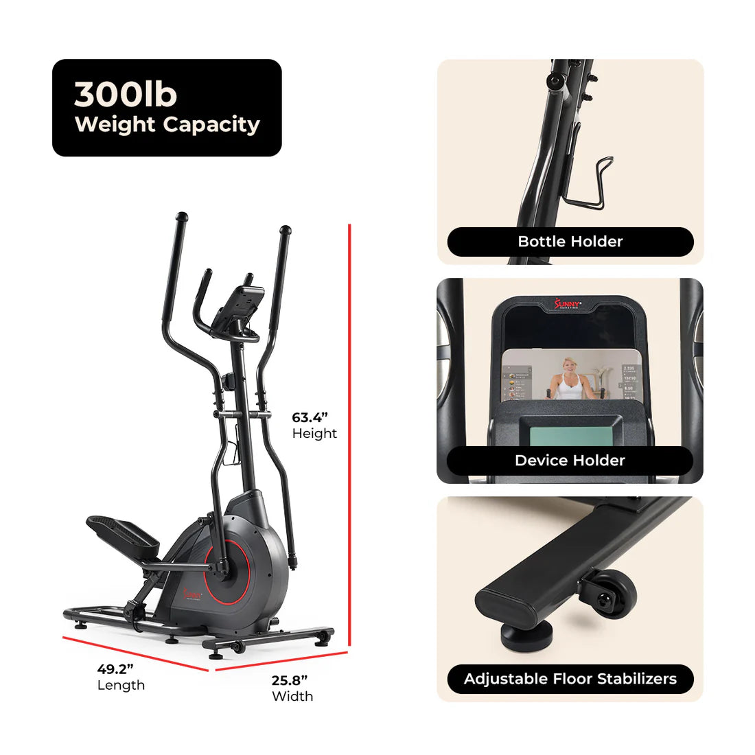 Cross trainer with features highlighted and measurements displayed.
