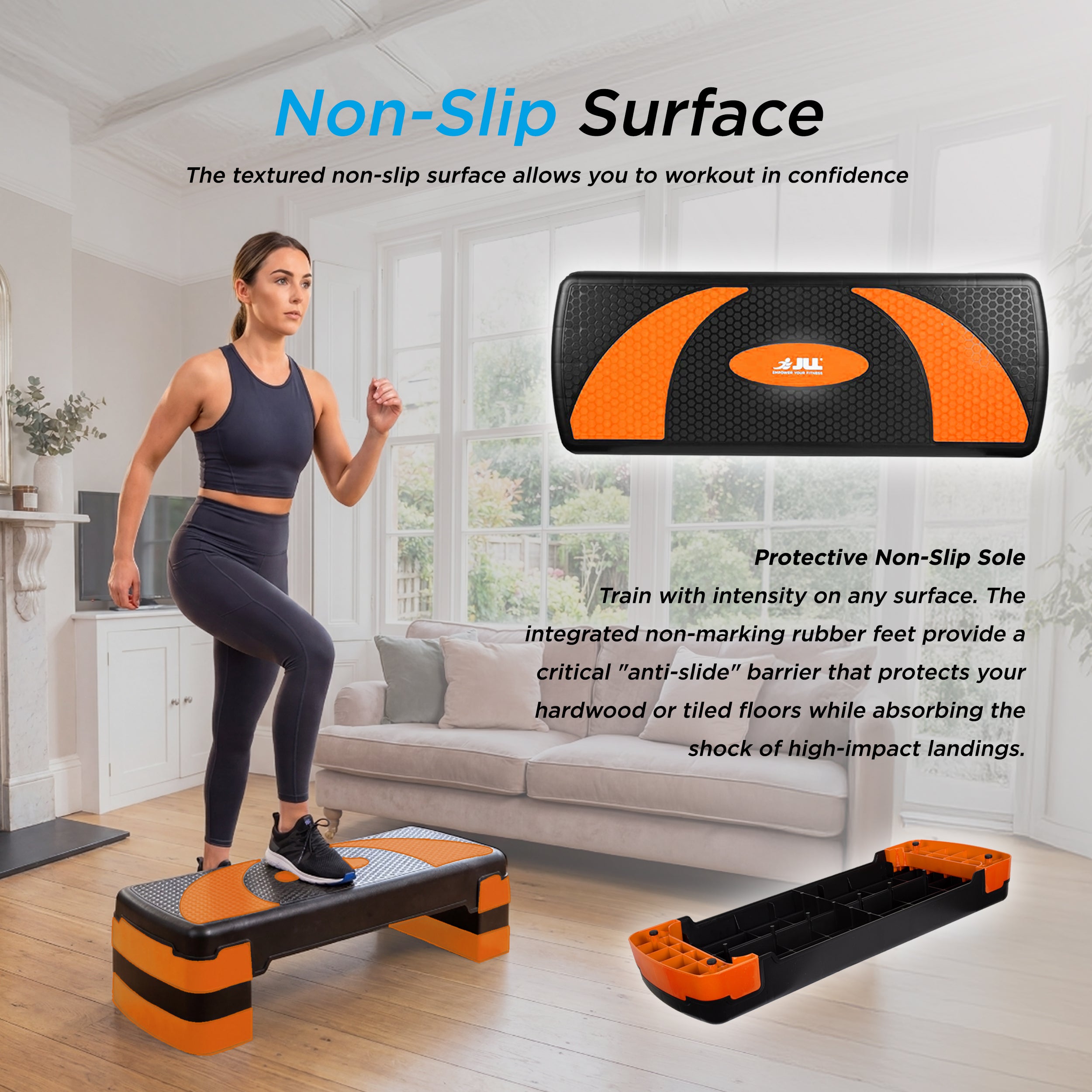 A step platform exercise stool shown in a bright living room with a woman stepping on it, plus a close-up inset of the product and marketing text about a non-slip surface and protective sole.
