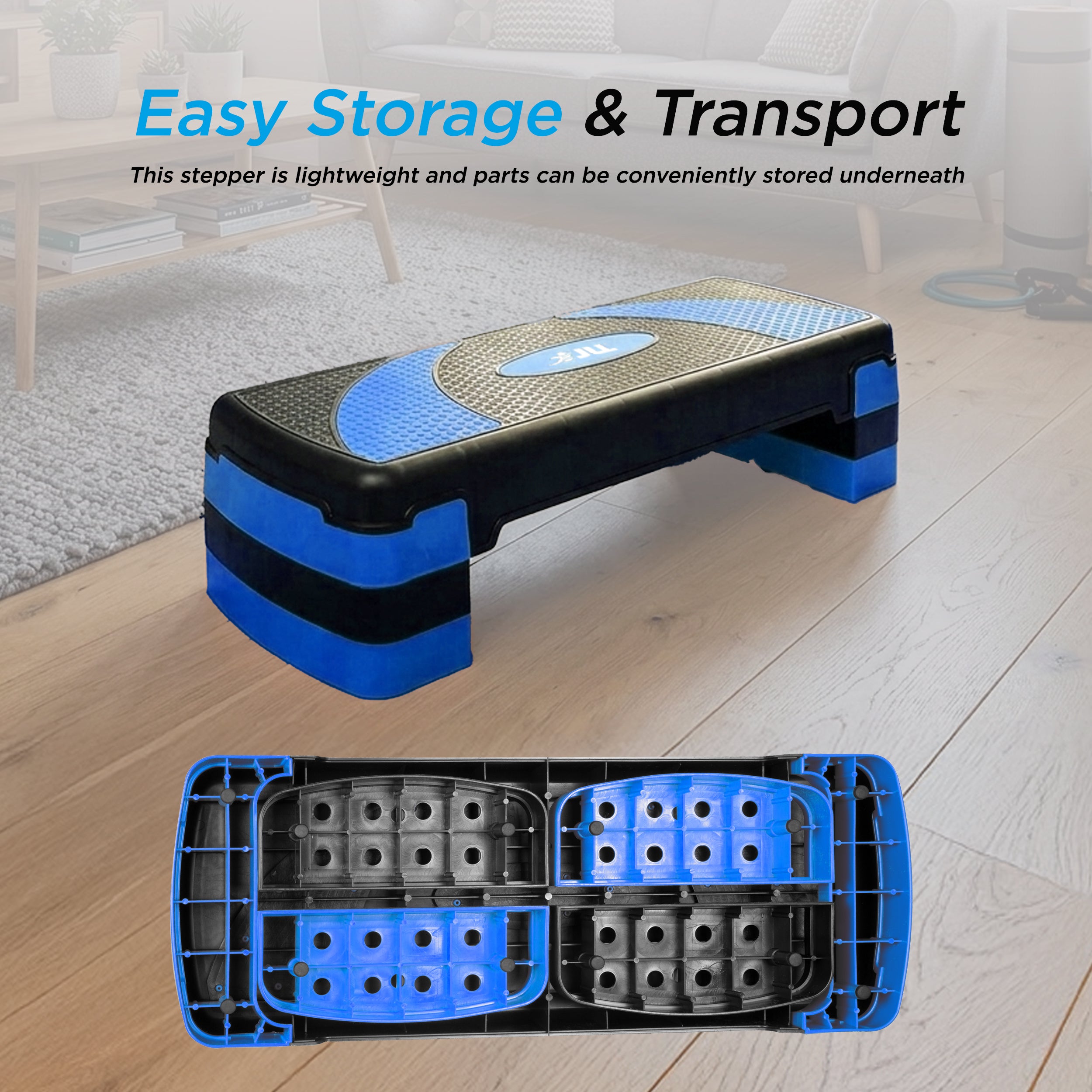 A blue and black step platform shown in a home interior setting with overlaid text reading 'Easy Storage & Transport' and a smaller bottom inset showing the underside storage compartment.