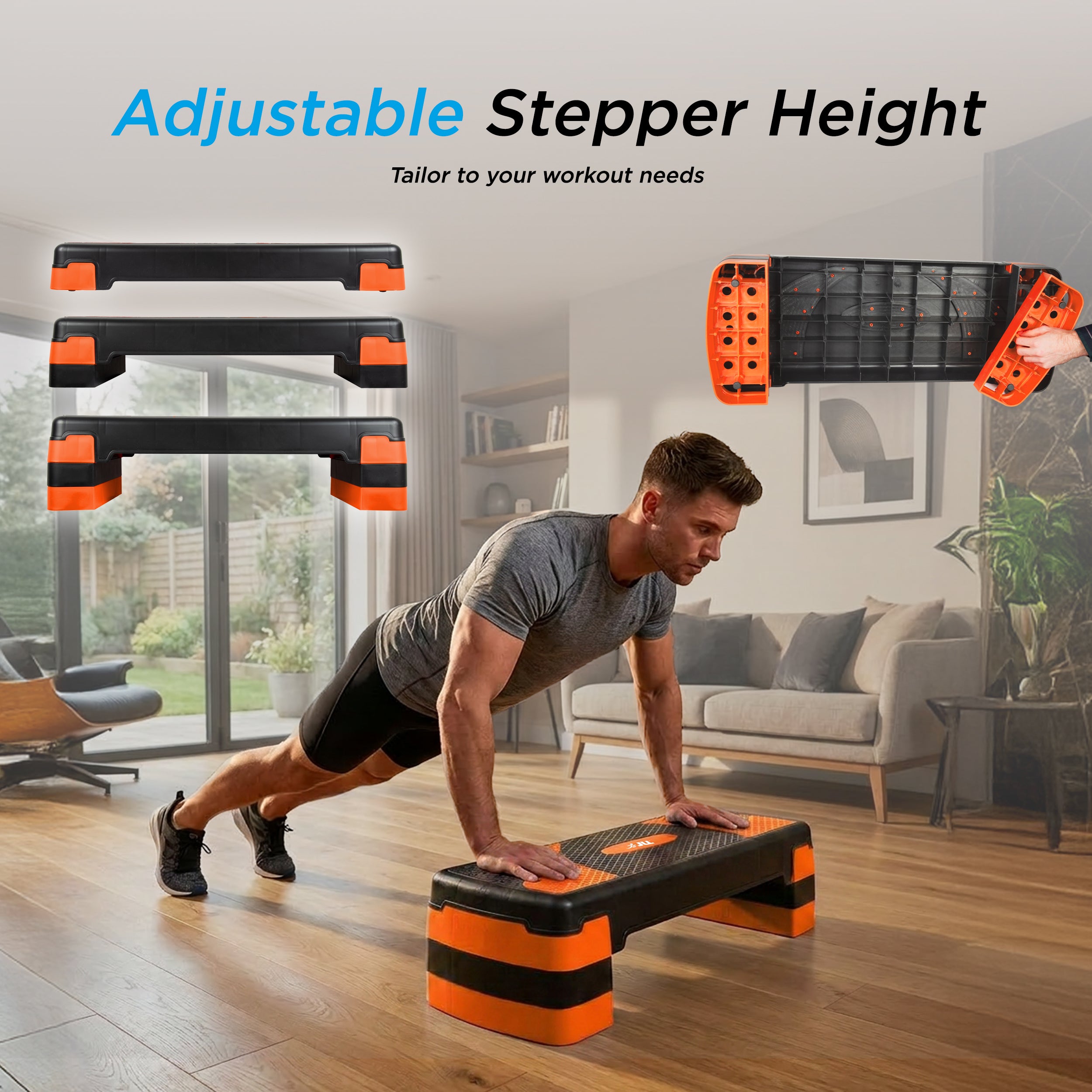An adjustable step platform in black and orange shown in use by a man in a home gym setting, with text reading 'Adjustable Stepper Height' and inset views of the platform at different heights.