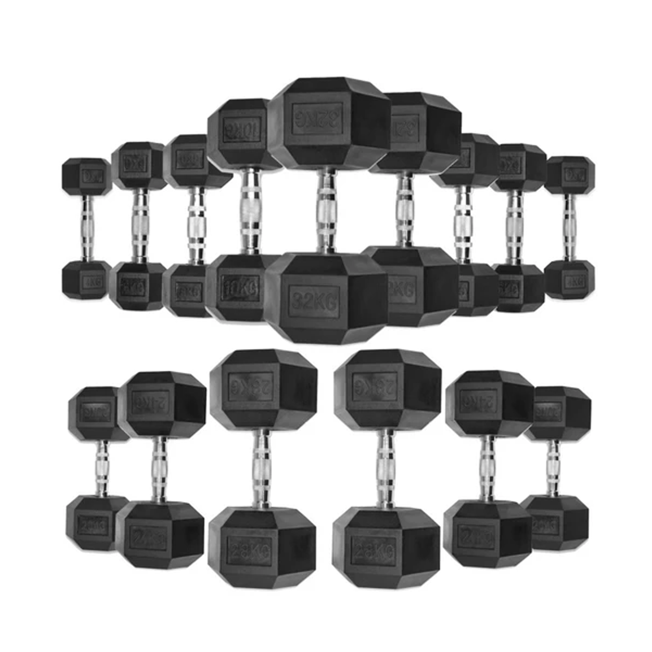 Rubber Hex Dumbbells 4kg - 32kg