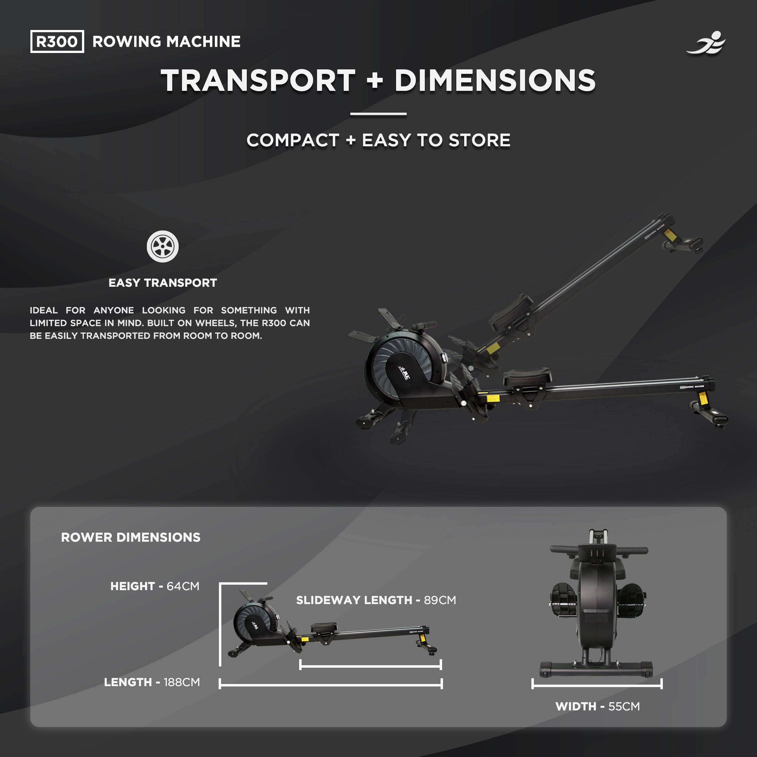 R300 Rowing Machine - Electro-Magnetic Resistance Rower w/ App Connectivity for Home Use, 9 Readout LCD Monitor