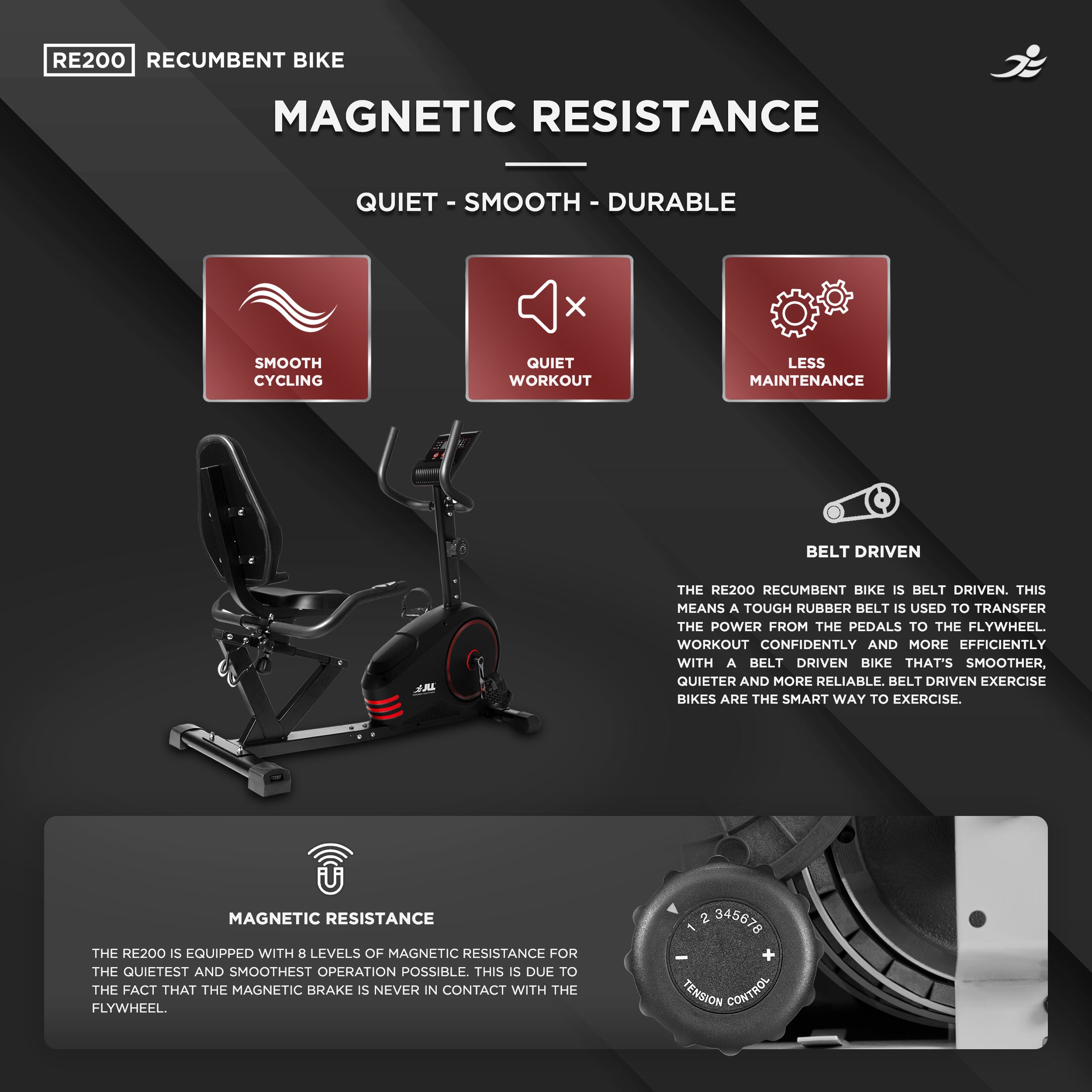 JLL RE200 Recumbent Exercise Bike - Magnetic Resistance Recumbent with 6 Readout Monitor