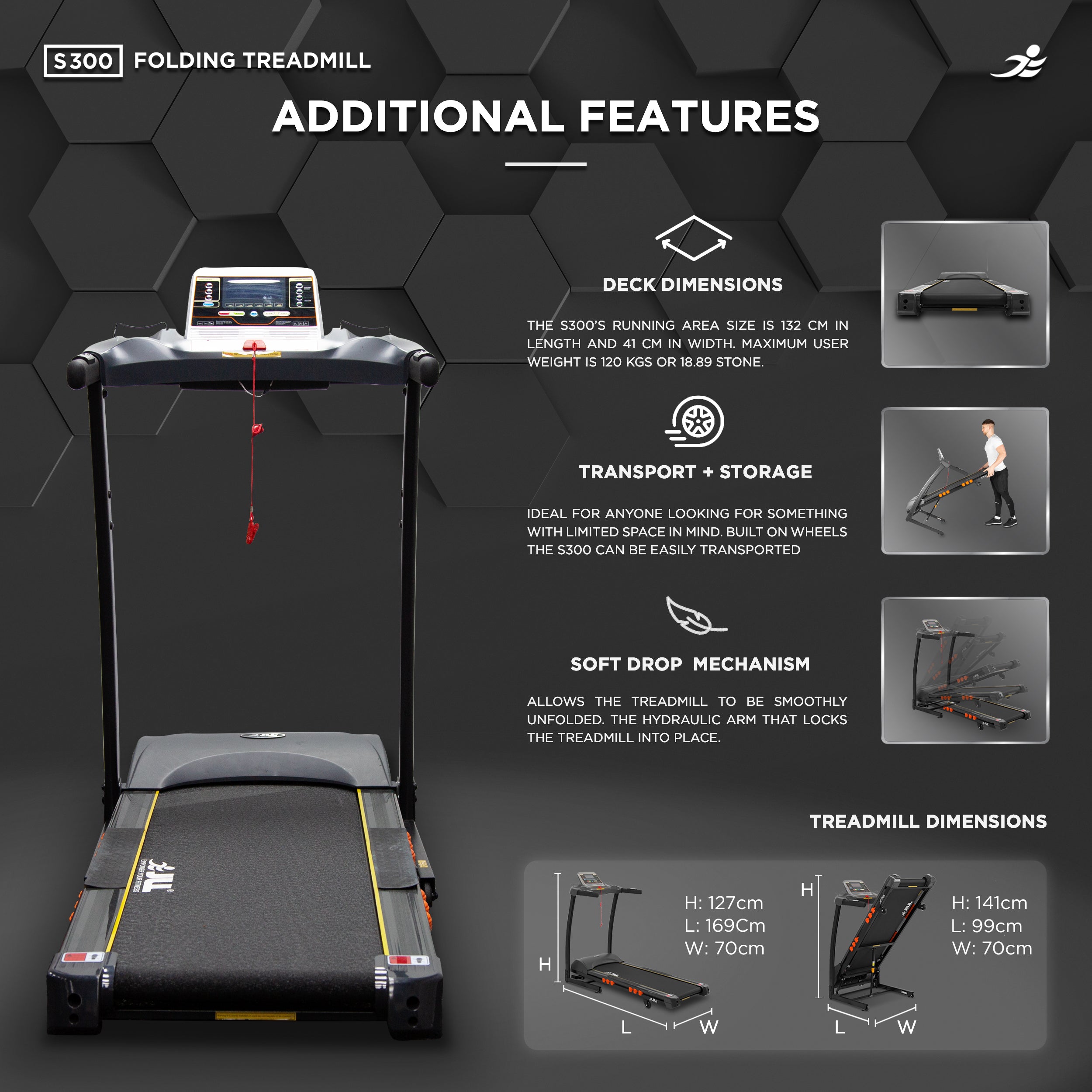 JLL S300 Folding Home Treadmill - 4.5HP Motor, 20 Incline Levels, 0.3km/h - 16km/h Speed Range. Digital Home Running Machine