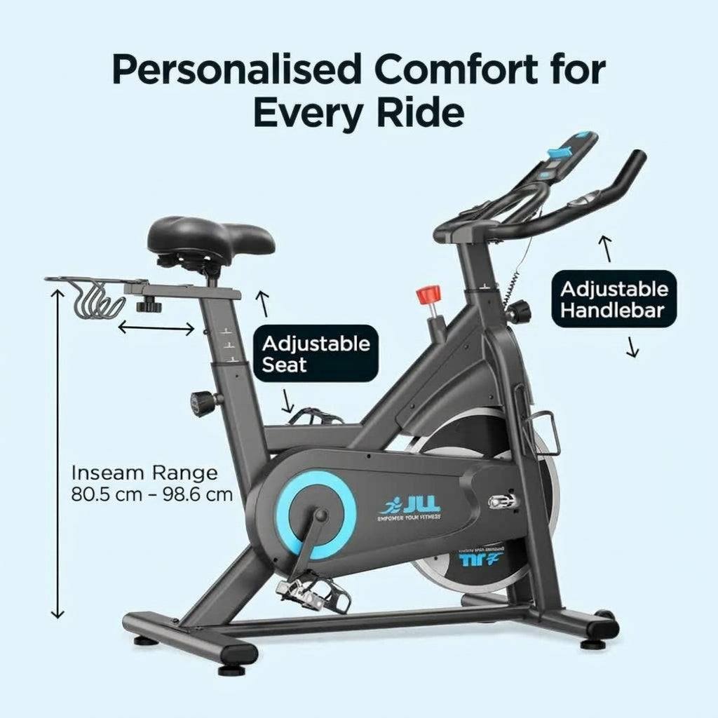 A black and gray indoor cycling machine with blue accents, shown on a light blue background with text and arrows indicating adjustable seat and handlebar features and an inseam range of 80.5 cm to 98.