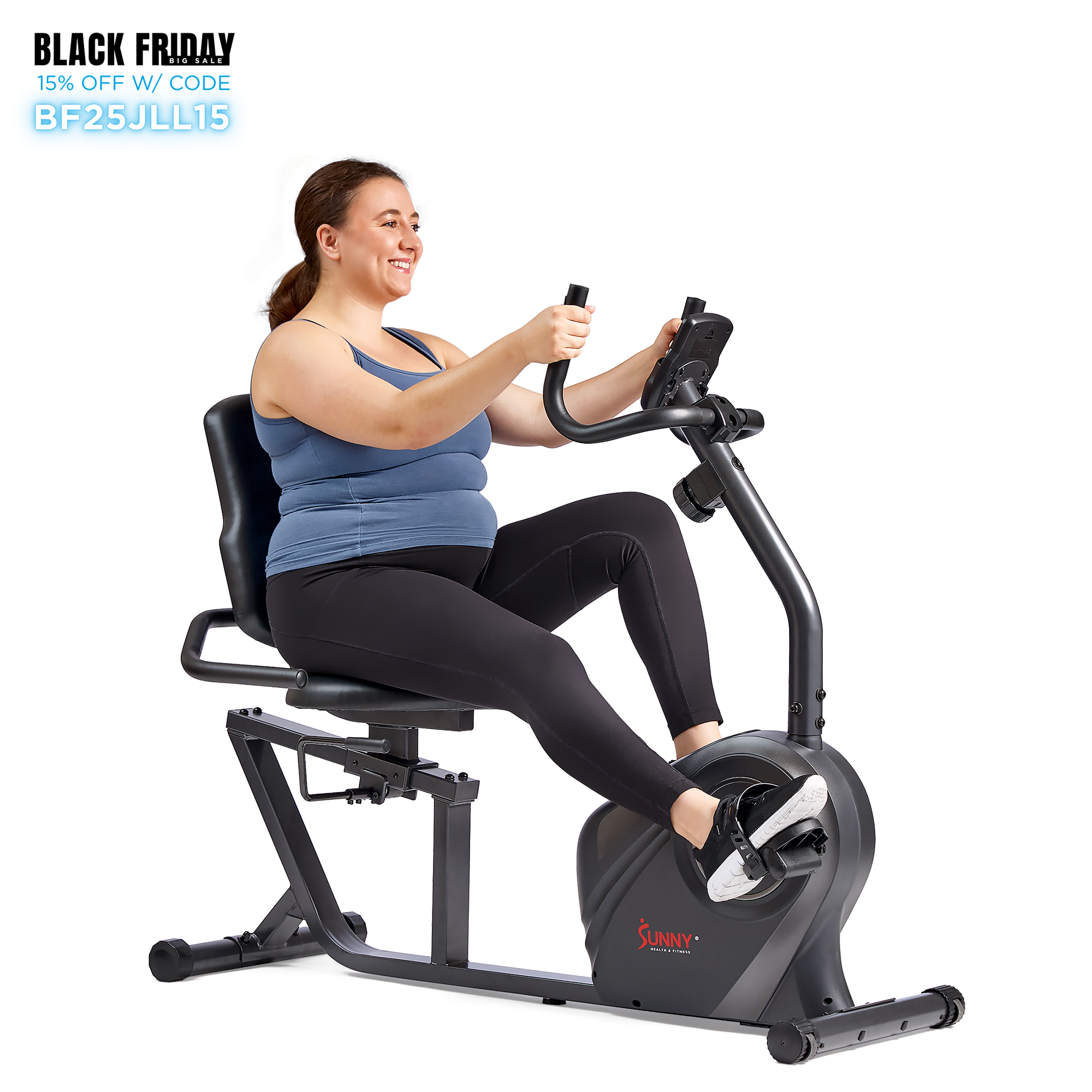 Sunny Health & Fitness Smart Heavy-Duty Recumbent Bike w/Wide Cushioned Seat & Back