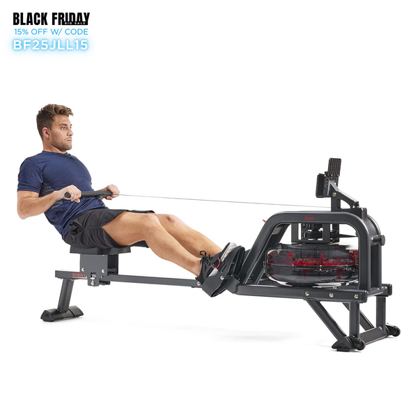 Sunny Health & Fitness Obsidian Surge Smart Water Rowing Machine with Dynamic Real-Time Resistance