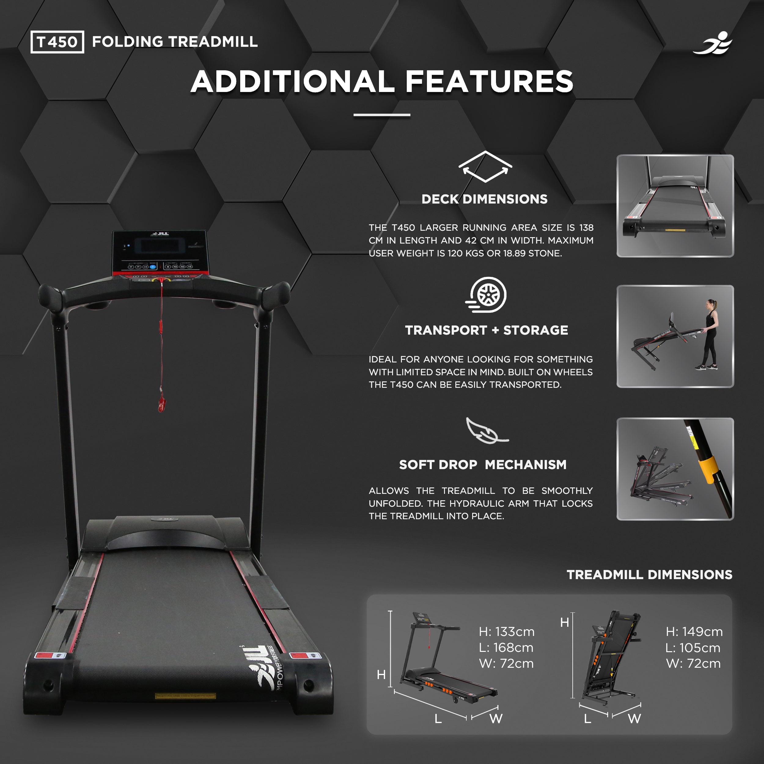 JLL T450 Folding Home Treadmill - 4.5HP Motor, 20 Incline Levels, 0.3km/h - 18km/h Speed Range. Digital Home Running Machine w/ Larger Running Deck