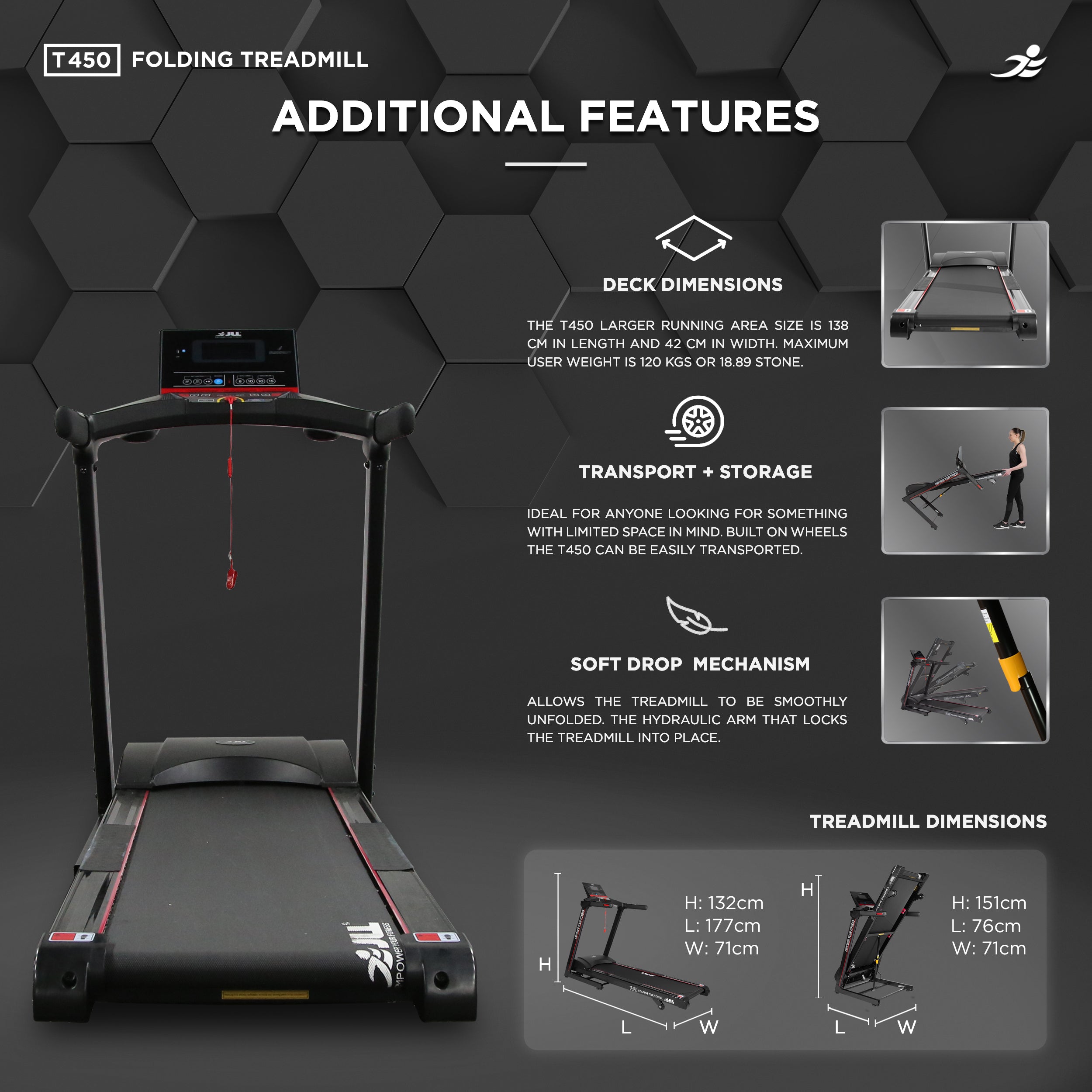 T450 Folding Home Treadmill - 4.5HP Motor, 20 Incline Levels, 0.3km/h - 18km/h Speed Range. Digital Home Running Machine w/ Larger Running Deck