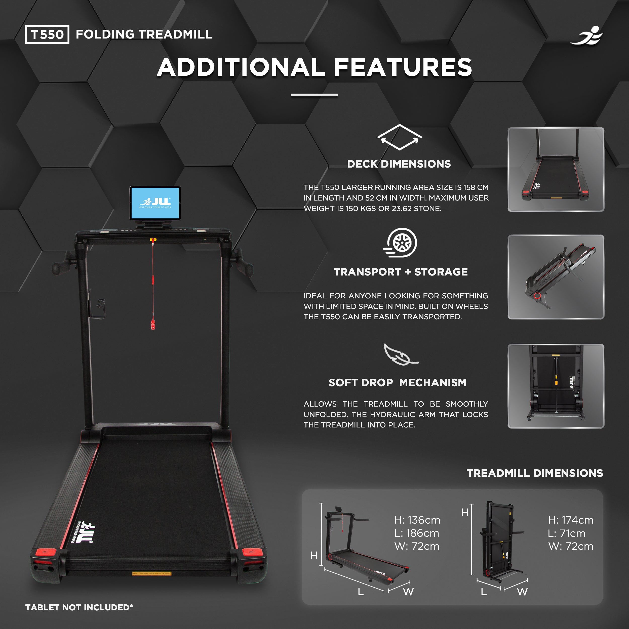 JLL T550 Folding Treadmill - 4.5HP Motor, 20 Incline Levels, 0.3km/h - 20km/h Speed Range. Digital Home Running Machine w/ Larger Running Deck