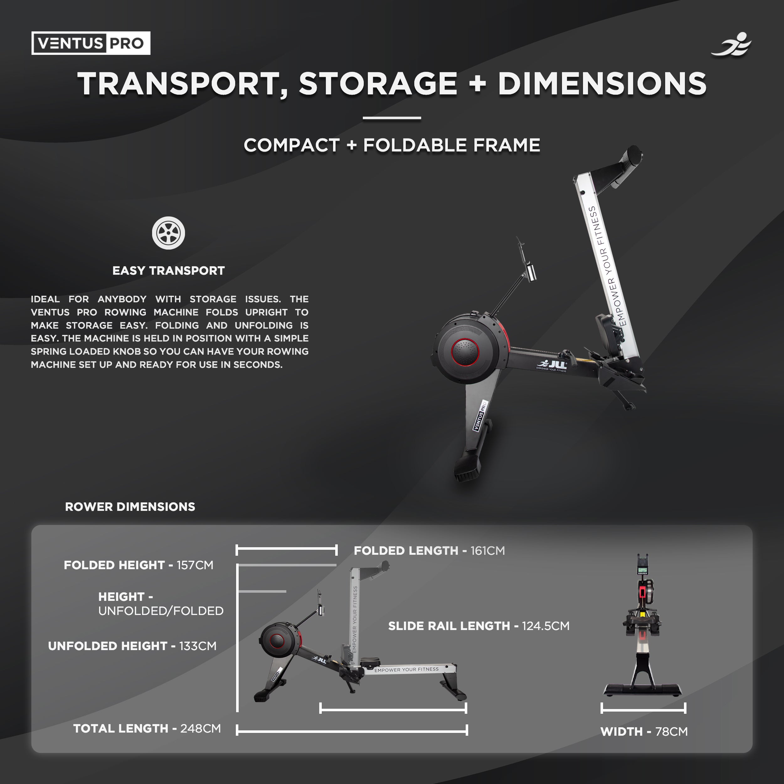 JLL Ventus Pro Air Rowing Machine - Commercial Level Foldable Air Resistance Rower, 11 Readout LCD Monitor