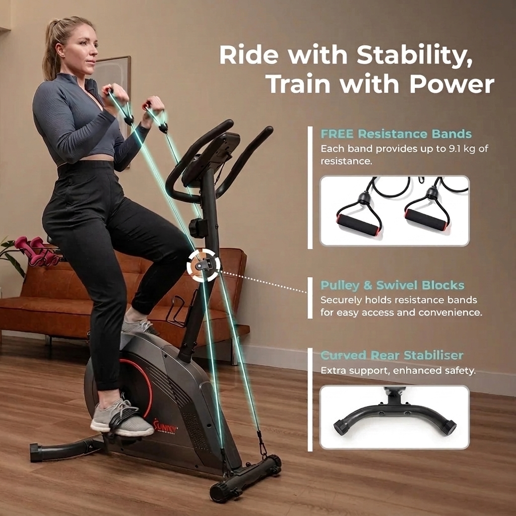 16-Level Magnetic Resistance Upright Bike with workout bands