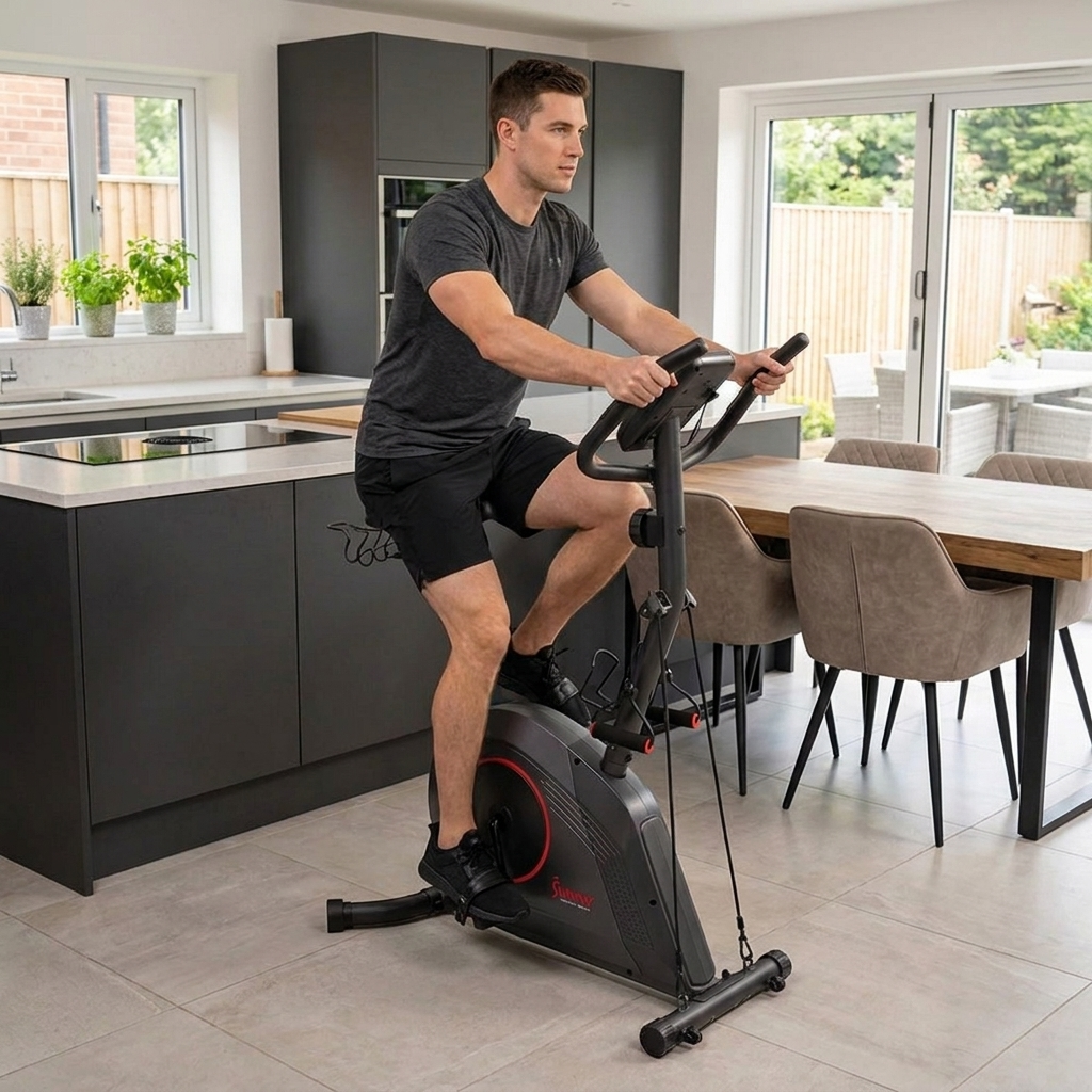 16-Level Magnetic Resistance Upright Bike with workout bands