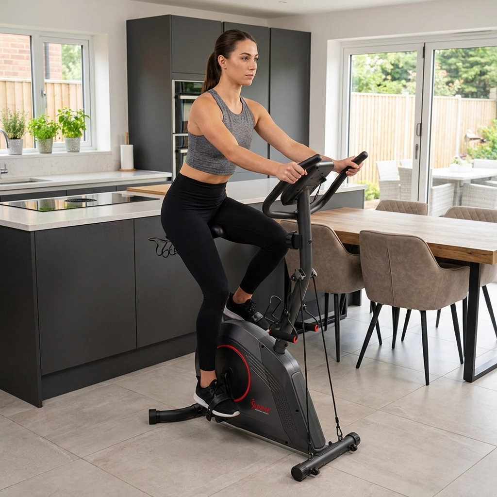 16-Level Magnetic Resistance Upright Bike with workout bands