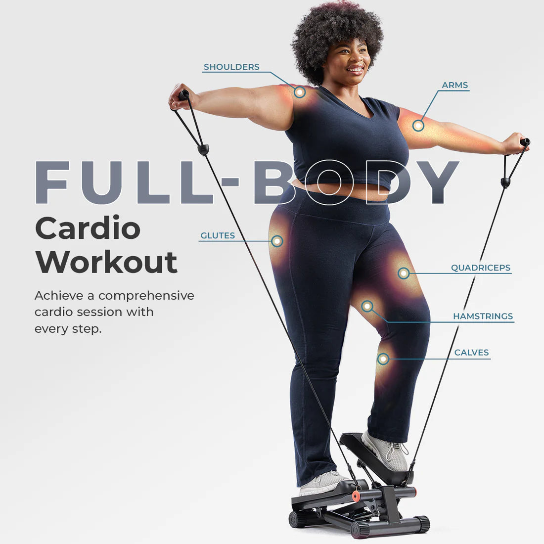 Woman using a step machine with labeled body parts for a full-body cardio workout.