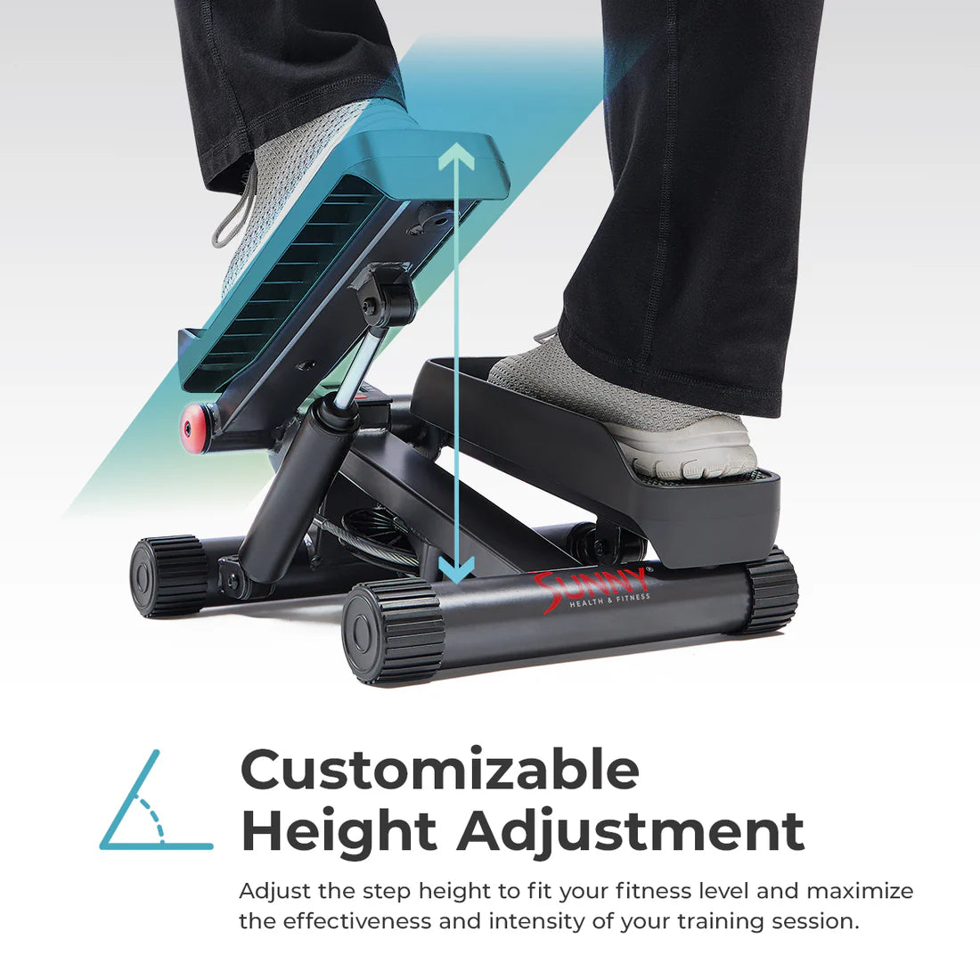 Step machine with customizable height adjustment feature, showing a person using it.