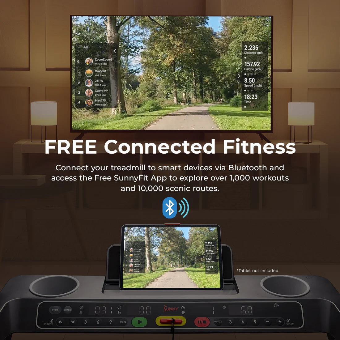 Treadmill with screen displaying nature scenery and text about free connected fitness via Bluetooth.