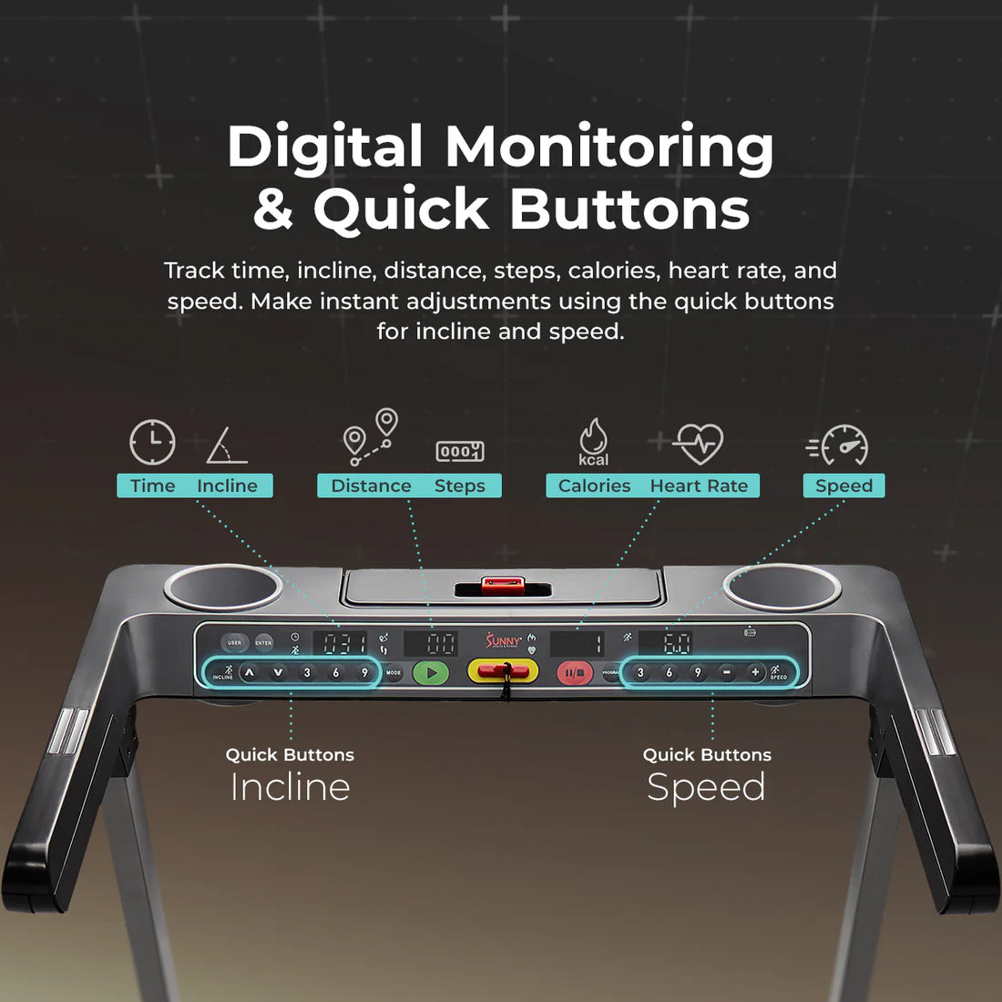 Treadmill with digital display and quick buttons for monitoring and adjusting settings.